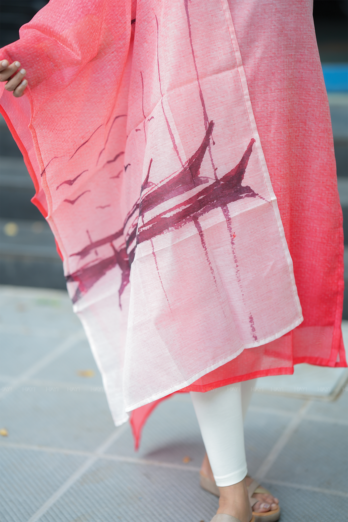 Red Sailor's Sunset printed 2 Piece Chanderi Blend Kurta with Dupatta