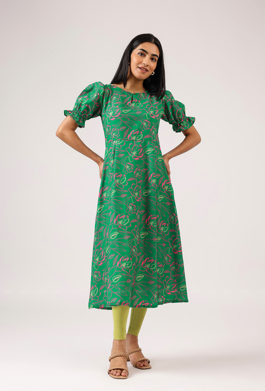 Ornate Green with Luminous Glimmer printed Cambric Blend Dress