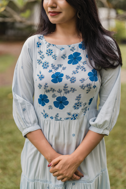 Frost bloom Blue Viscose Dress with Delicate Floral Print