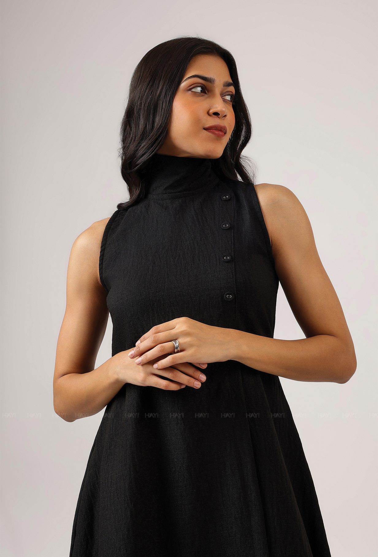Blackout Babe High Neck With Side Buttons Flared Dress