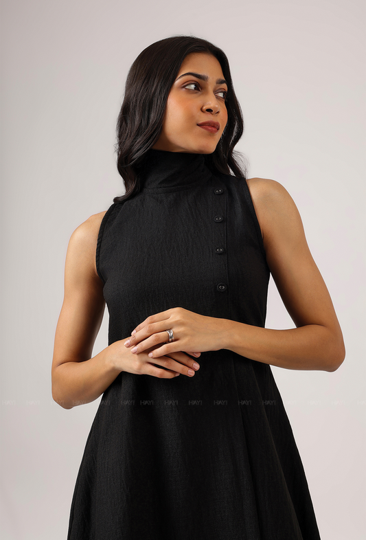 Blackout Babe High Neck With Side Buttons Flared Dress