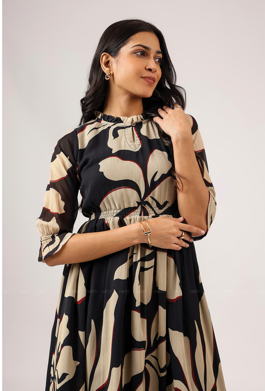 Spear Black with Charcoal Ink printed Lux Georgette dress