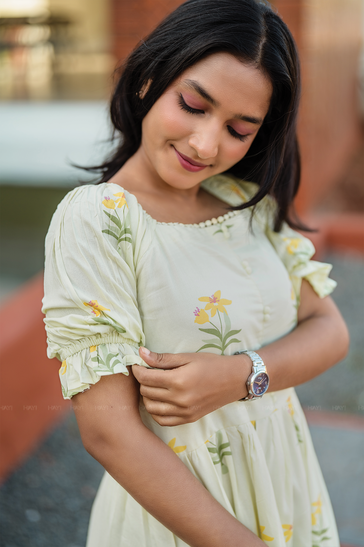 Florabelle Green Viscose Dress with Shoulder Elastic & Frill Sleeves