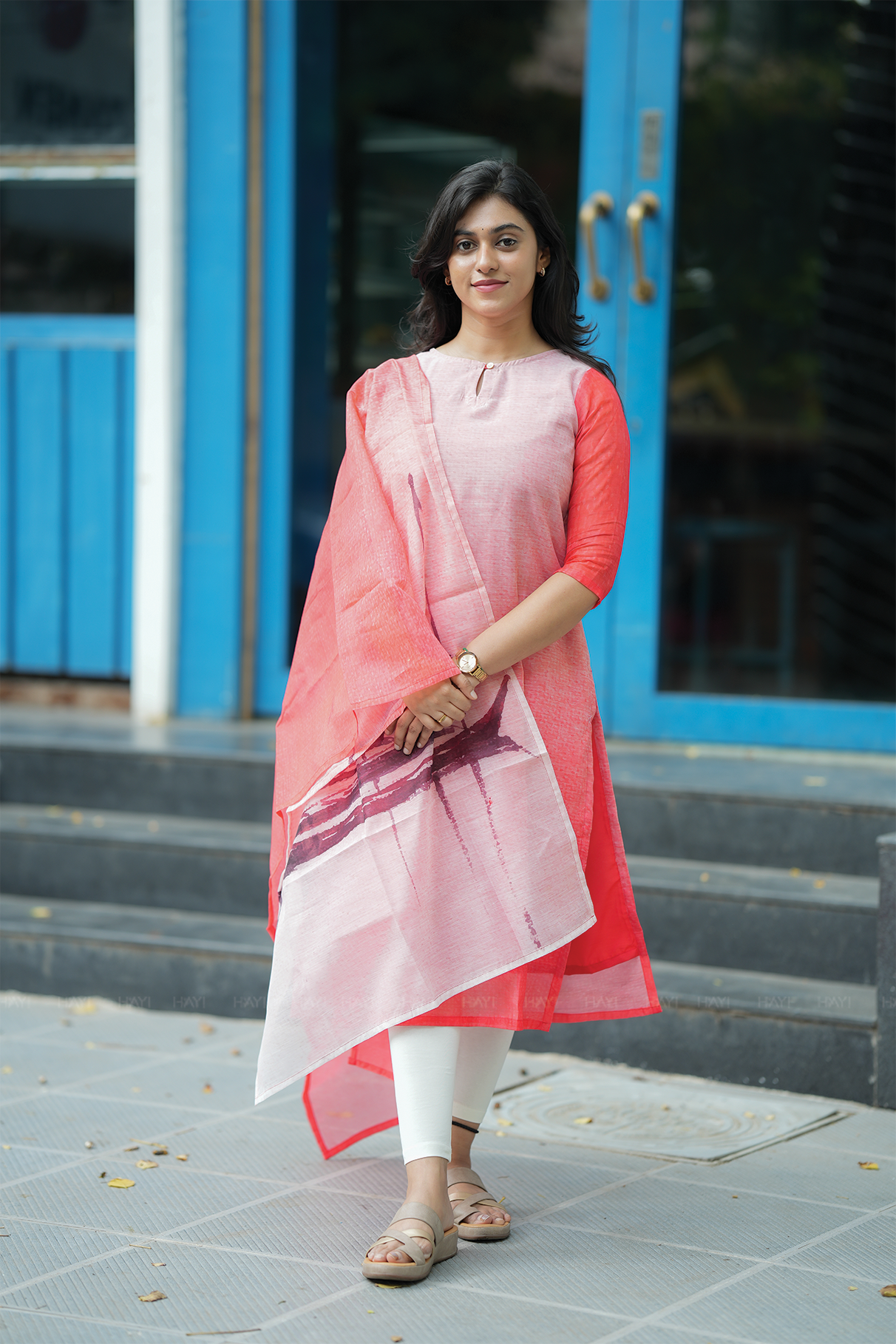 Red Sailor's Sunset printed 2 Piece Chanderi Blend Kurta with Dupatta