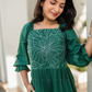 Green Floral Whimsy Green Viscose Dress with Shoulder Elastic & Embroidery
