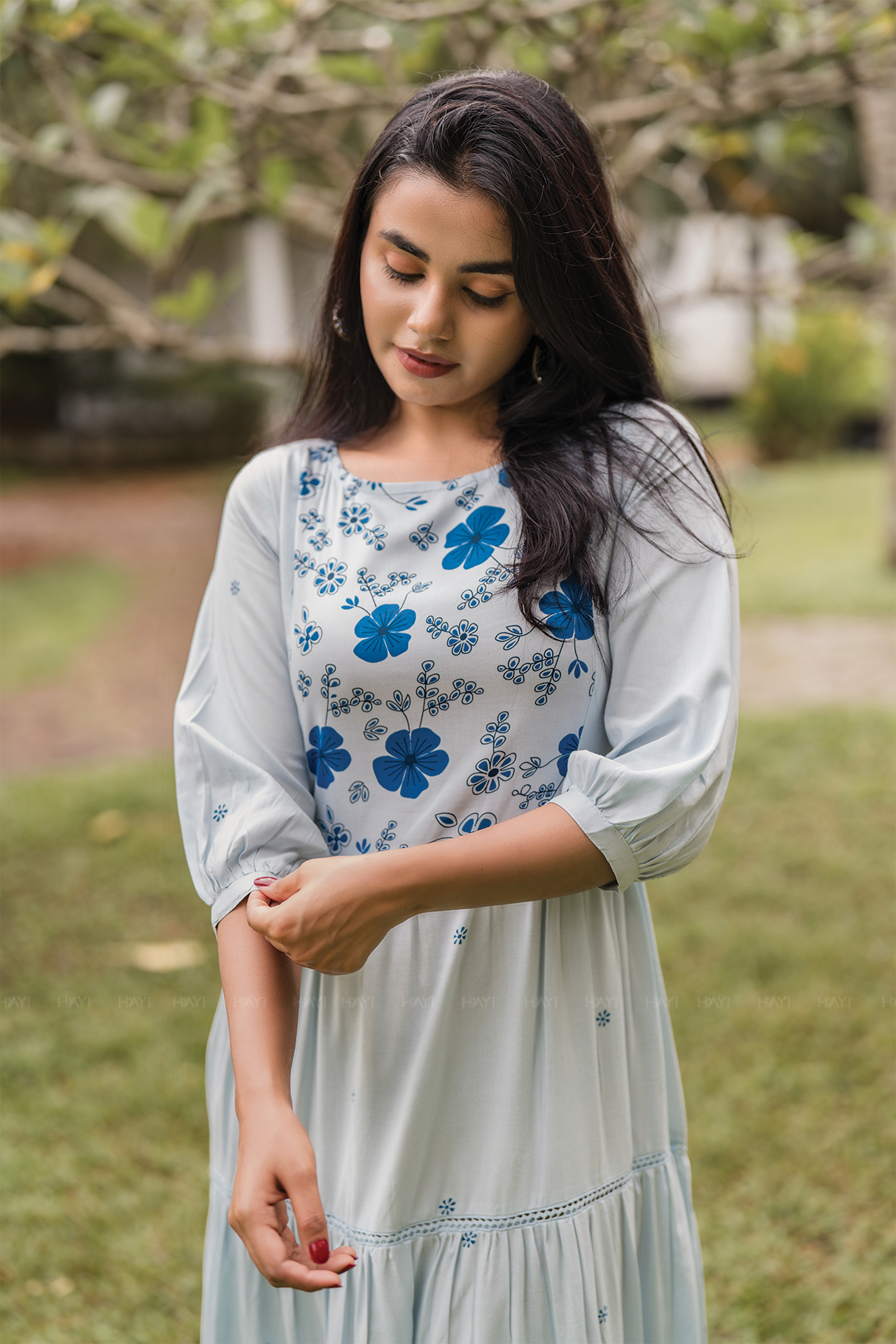 Frost bloom Blue Viscose Dress with Delicate Floral Print