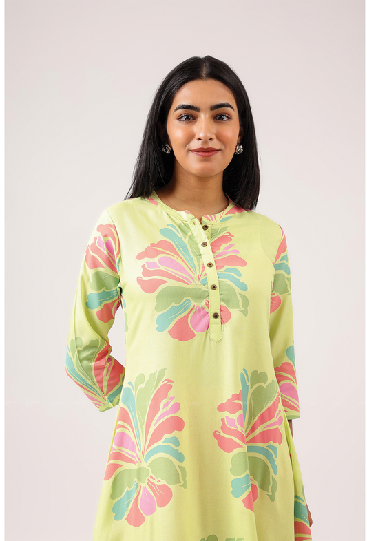 Gentle Lime with Blush Breeze printed Viscose A-line Dress
