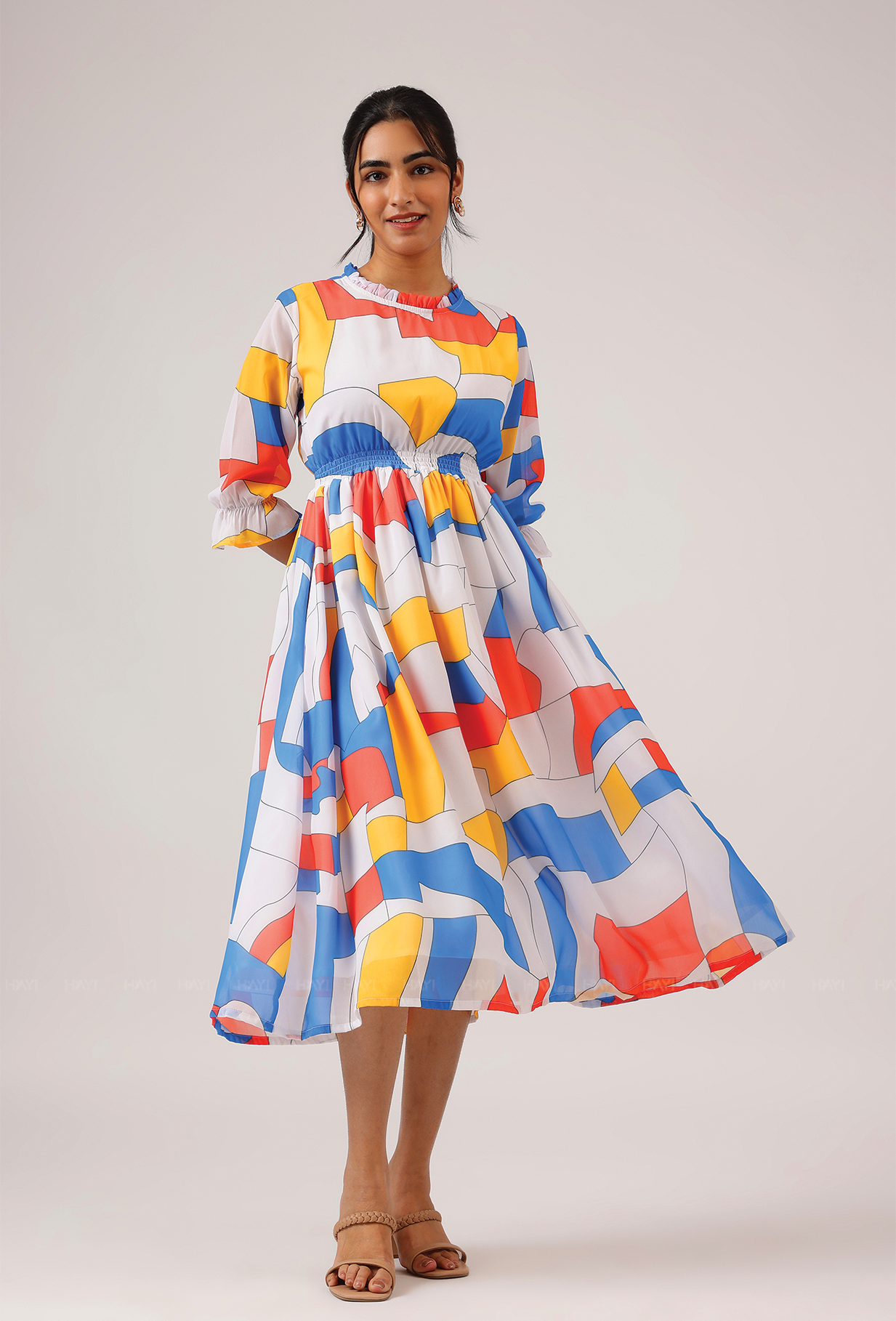 Prism White with Cubist Charm printed Lux Georgette Dress