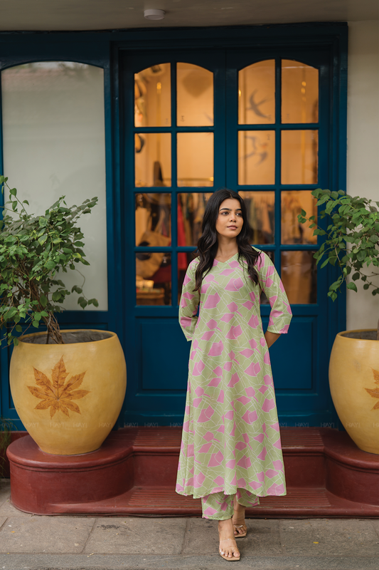 Rinth Green with Whimsical Bloom printed Linen Blend Co-ords