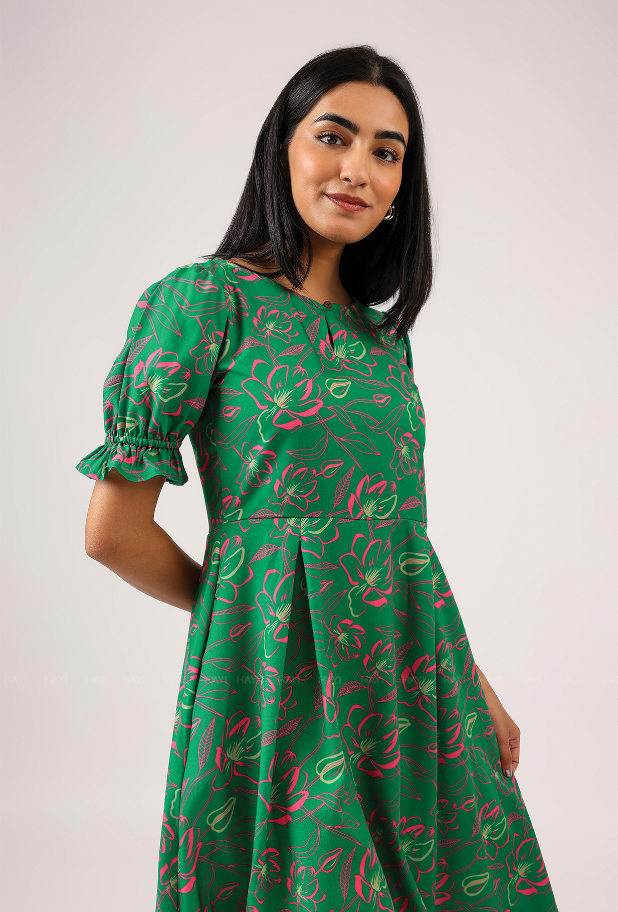 Ornate Green with Luminous Glimmer printed Cambric Blend Dress