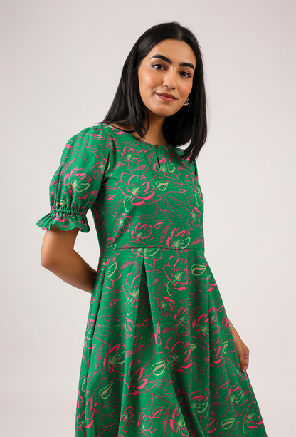 Ornate Green with Luminous Glimmer printed Cambric Blend Dress