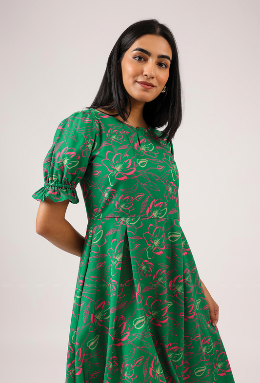 Ornate Green with Luminous Glimmer printed Cambric Blend Dress
