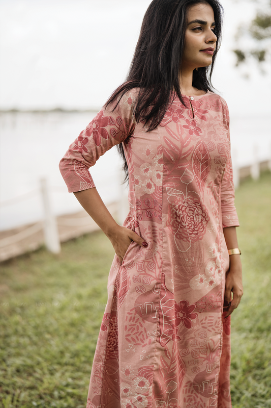 Dusty Bloom Peach Cotton Blend Co-ord with Boat Neck Keyhole