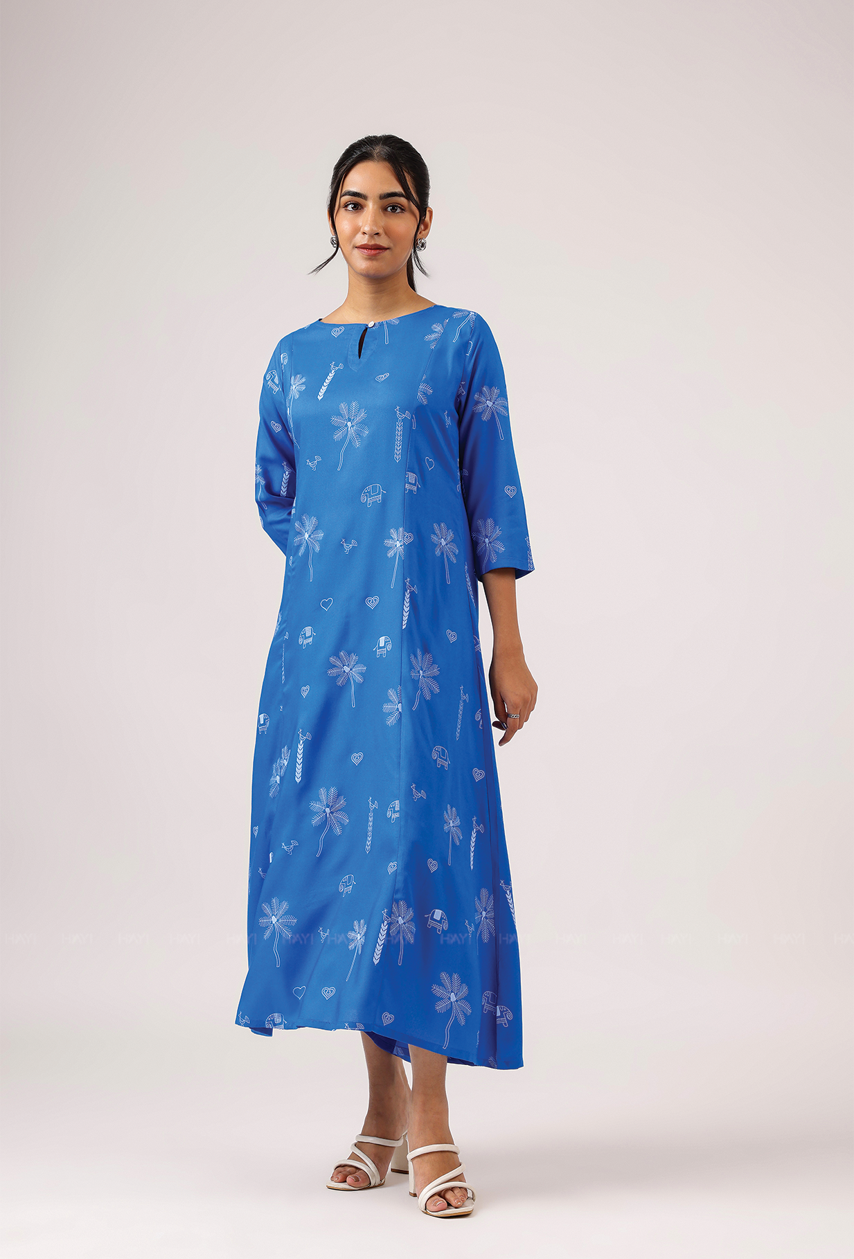 Cerulean Blue with Deep Ocean Viscose printed A-line Dress