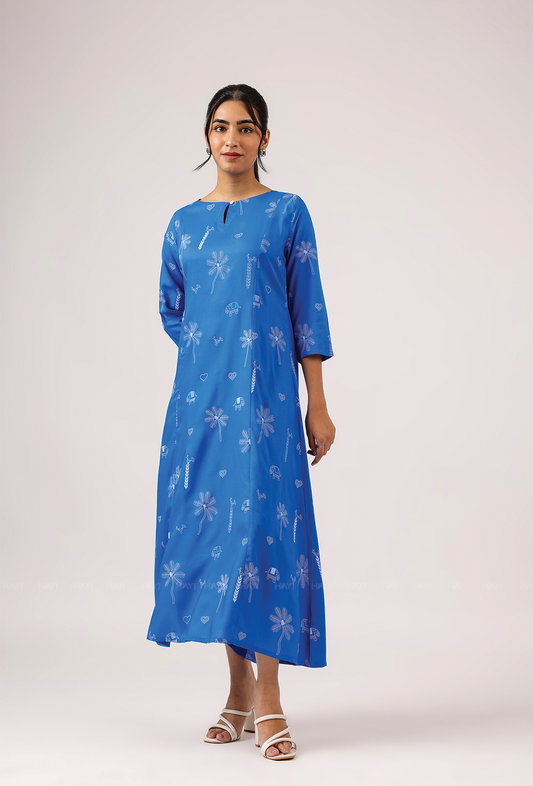 Cerulean Blue with Deep Ocean Viscose printed A-line Dress
