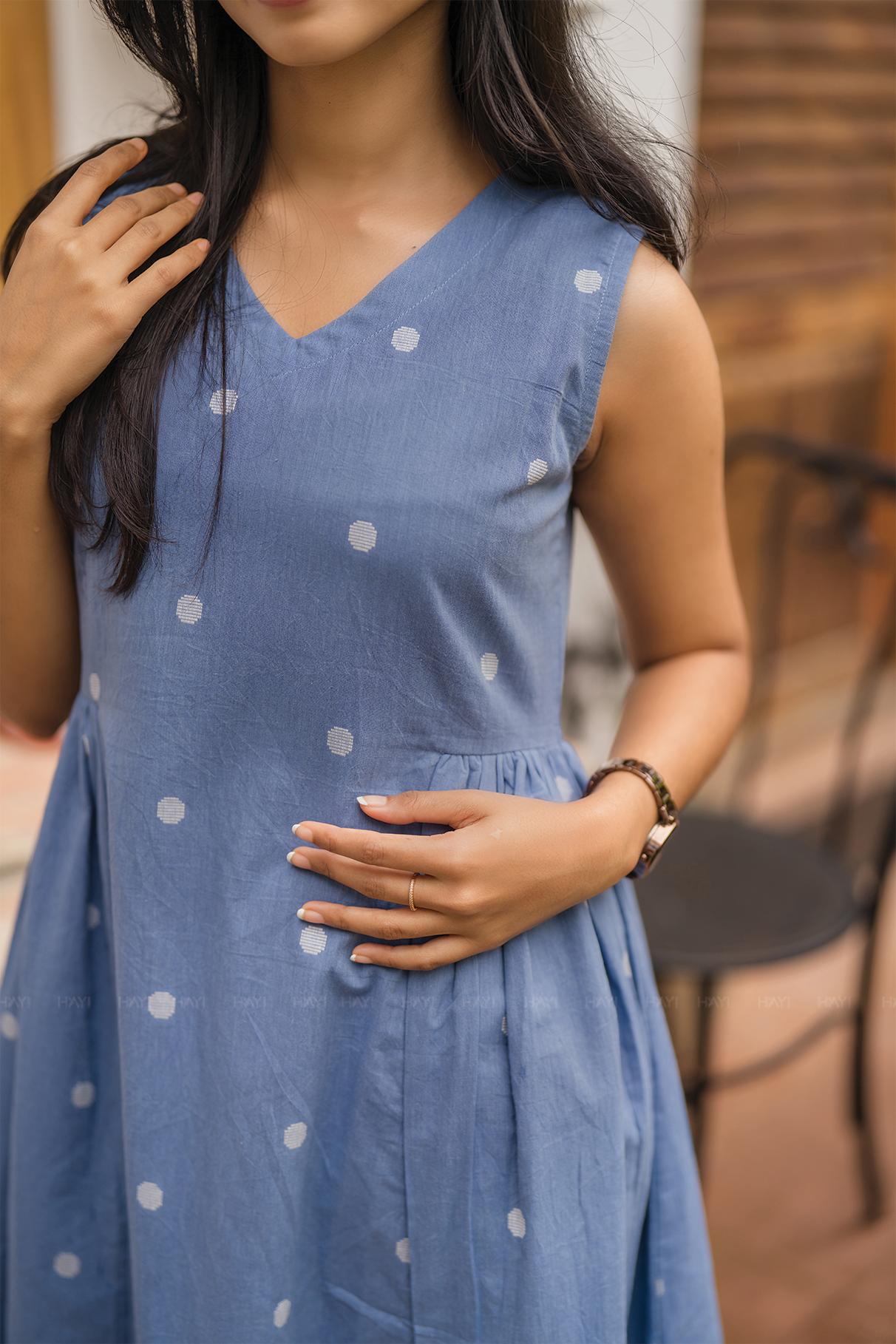 Ocean Polka Blue Handloom Cotton Dress With V Neckline Detached 3/4th Sleeves