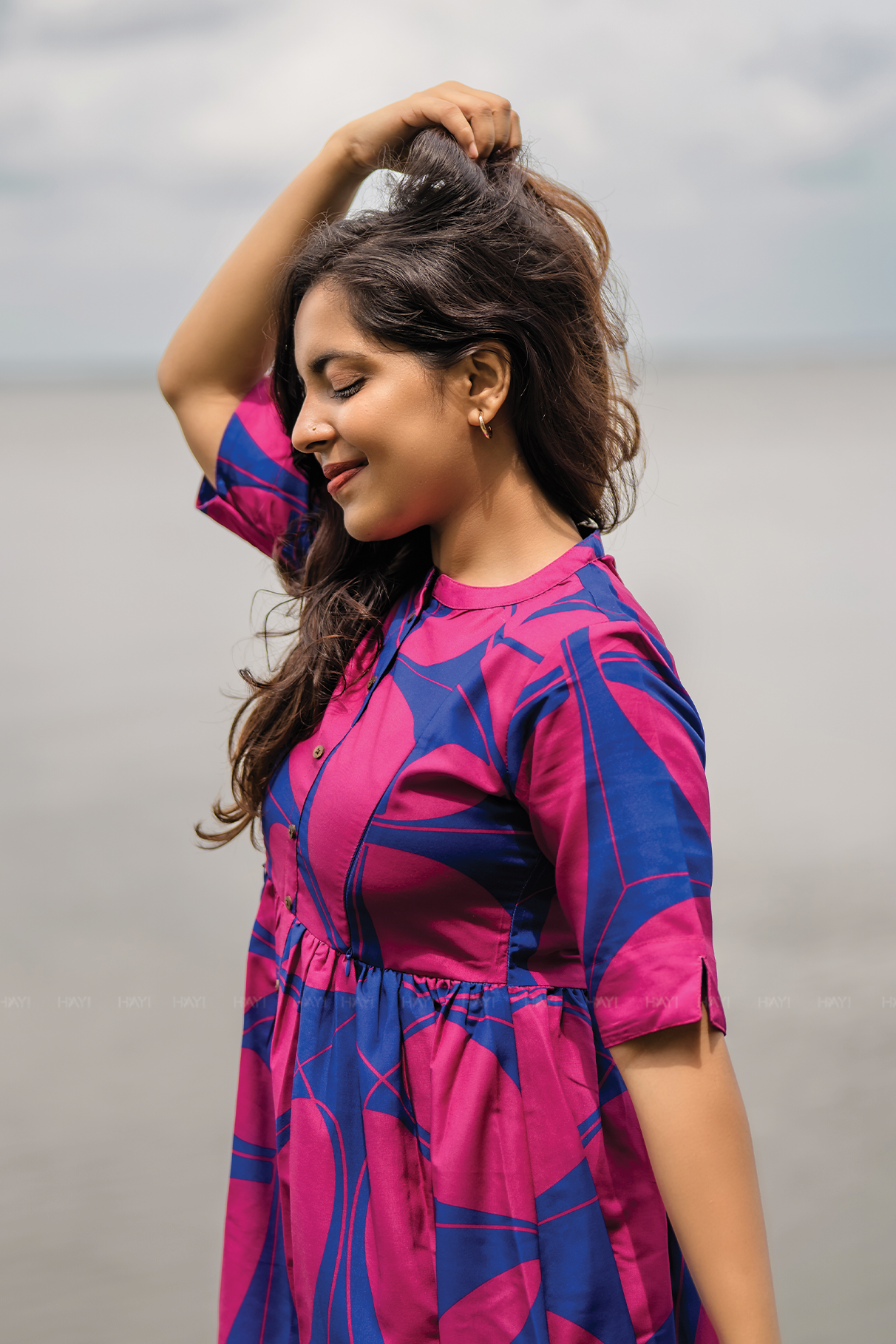 Blazing Blue with Cosmic Petals printed Maternity and Feeding Linen Blend Dress