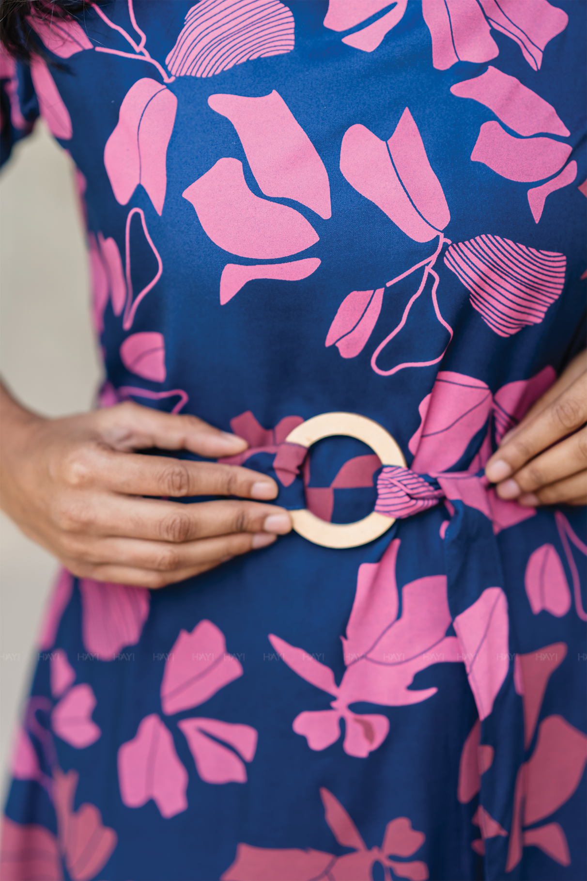 Berry Noir Blue Viscose Dress with Puff Sleeves & Belt
