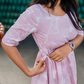 Soft Focus Light Pink Cotton Blend Dress with Round Neck & Fabric Rope Tie