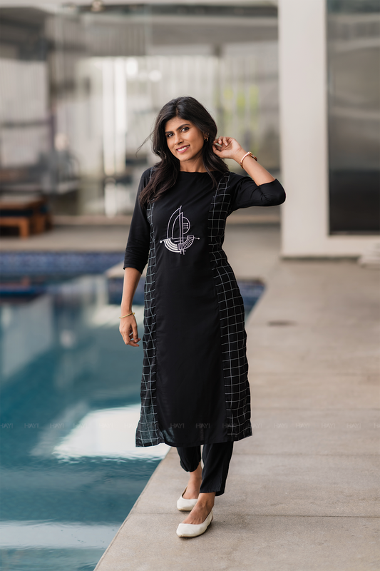 Plaid Muse Black Viscose Kurta with Embroidery and Print