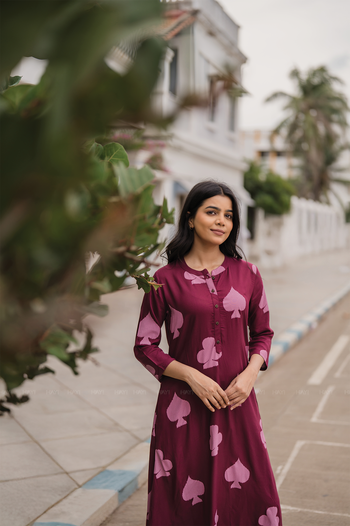 Sepia Maroon with Autumn Hearts printed Viscose A-line Dress