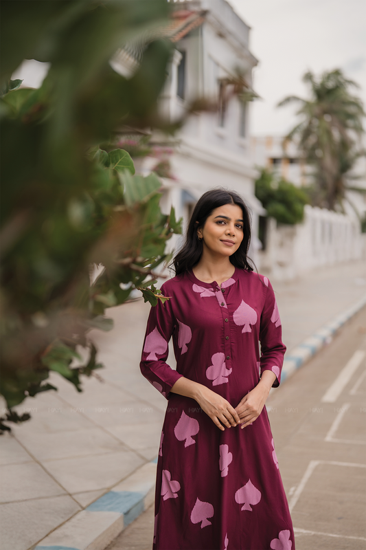 Sepia Maroon with Autumn Hearts printed Viscose A-line Dress