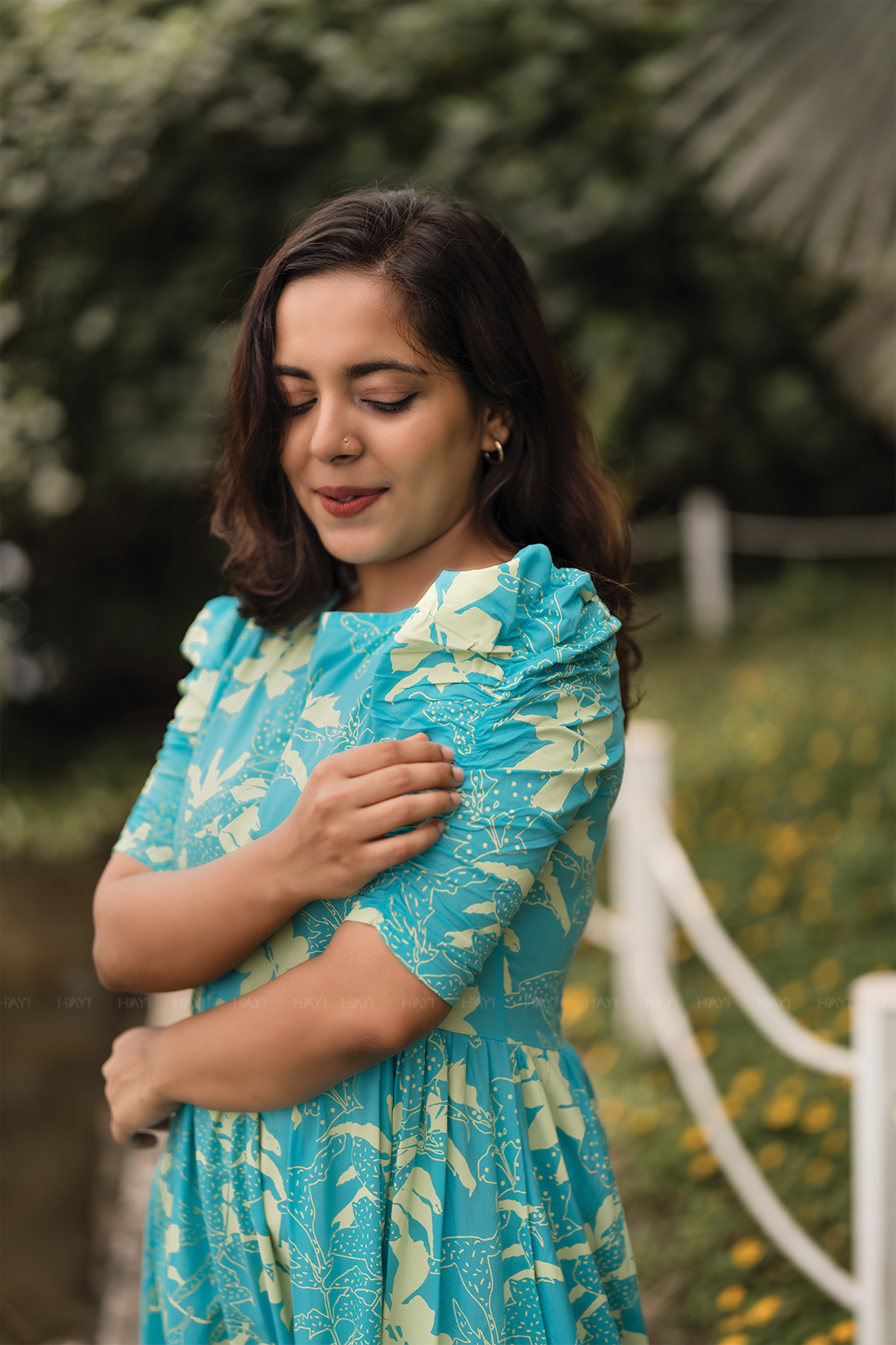 Maze Blue with Flourish Bloom floral printed Maternity and Feeding Viscose Dress