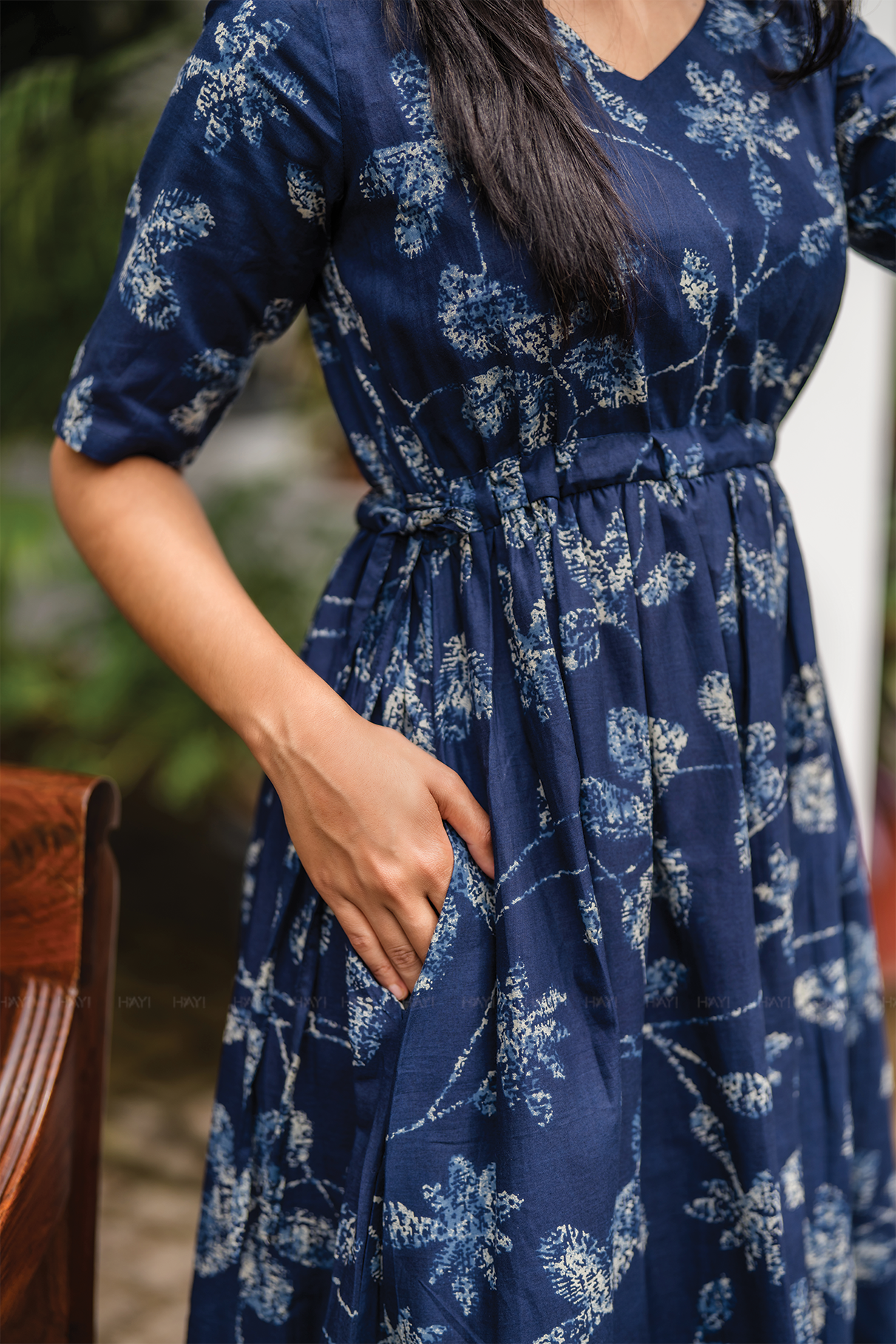 Floralia Blue Cotton Dress with V-Neck & Fabric Rope Detail