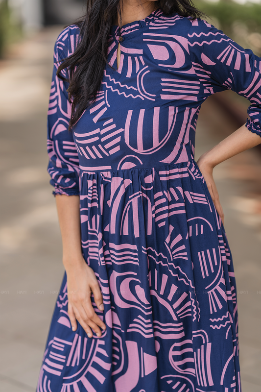 Geometric Whispers Blue Viscose Dress with Keyhole