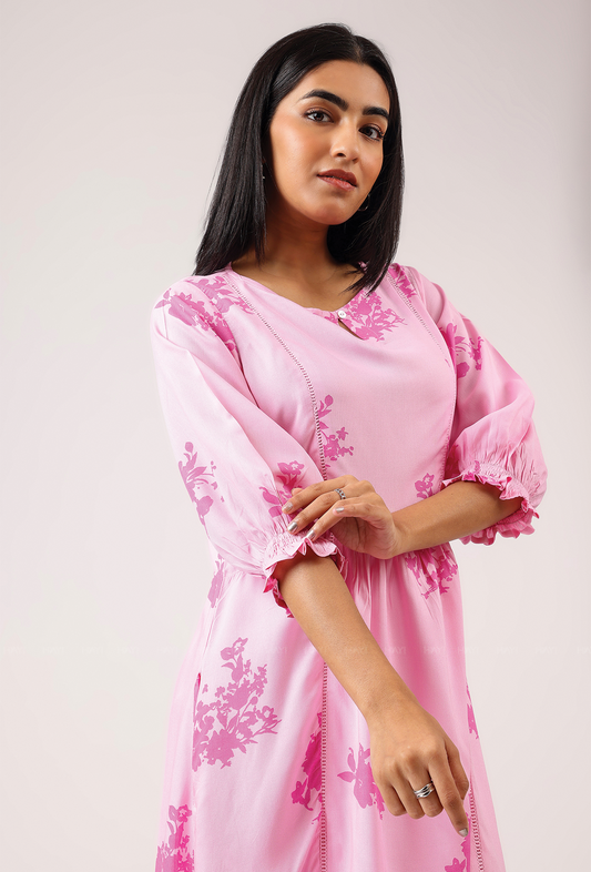 Light Pink with All About Flowers printed Viscose A-line Dress