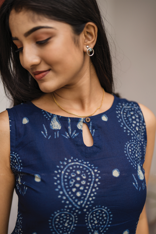 Indie Rune Blue Cotton Co-ord with Boat Neck with Keyhole