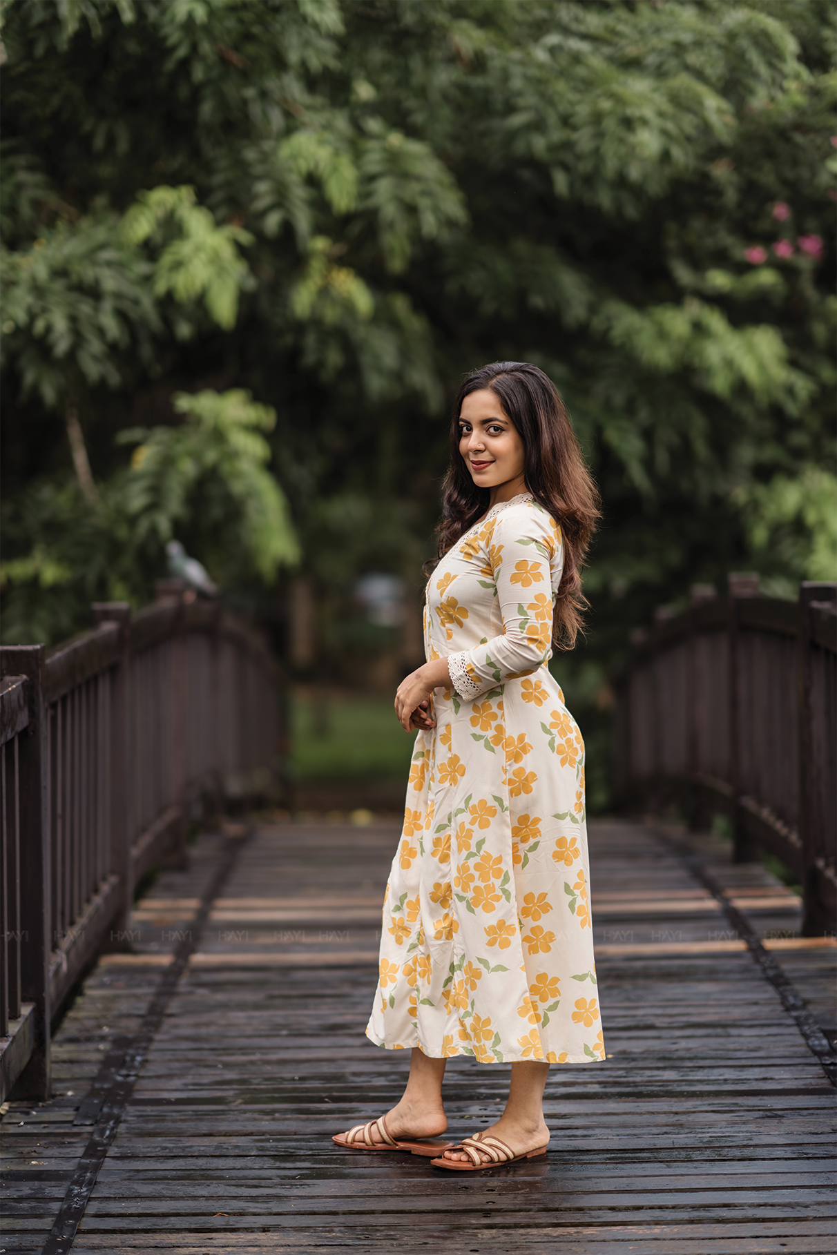 Sunpetal Bloom Beige Viscose Dress with V-Neck & Lace