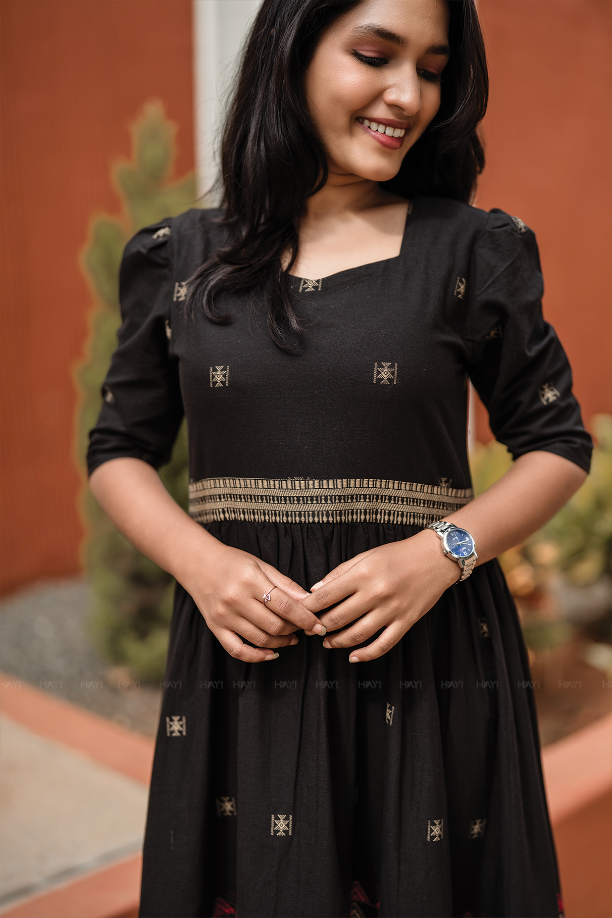 Starlight Black Handloom Dress with Sweetheart Neck & Leg-O-Mutton Sleeves
