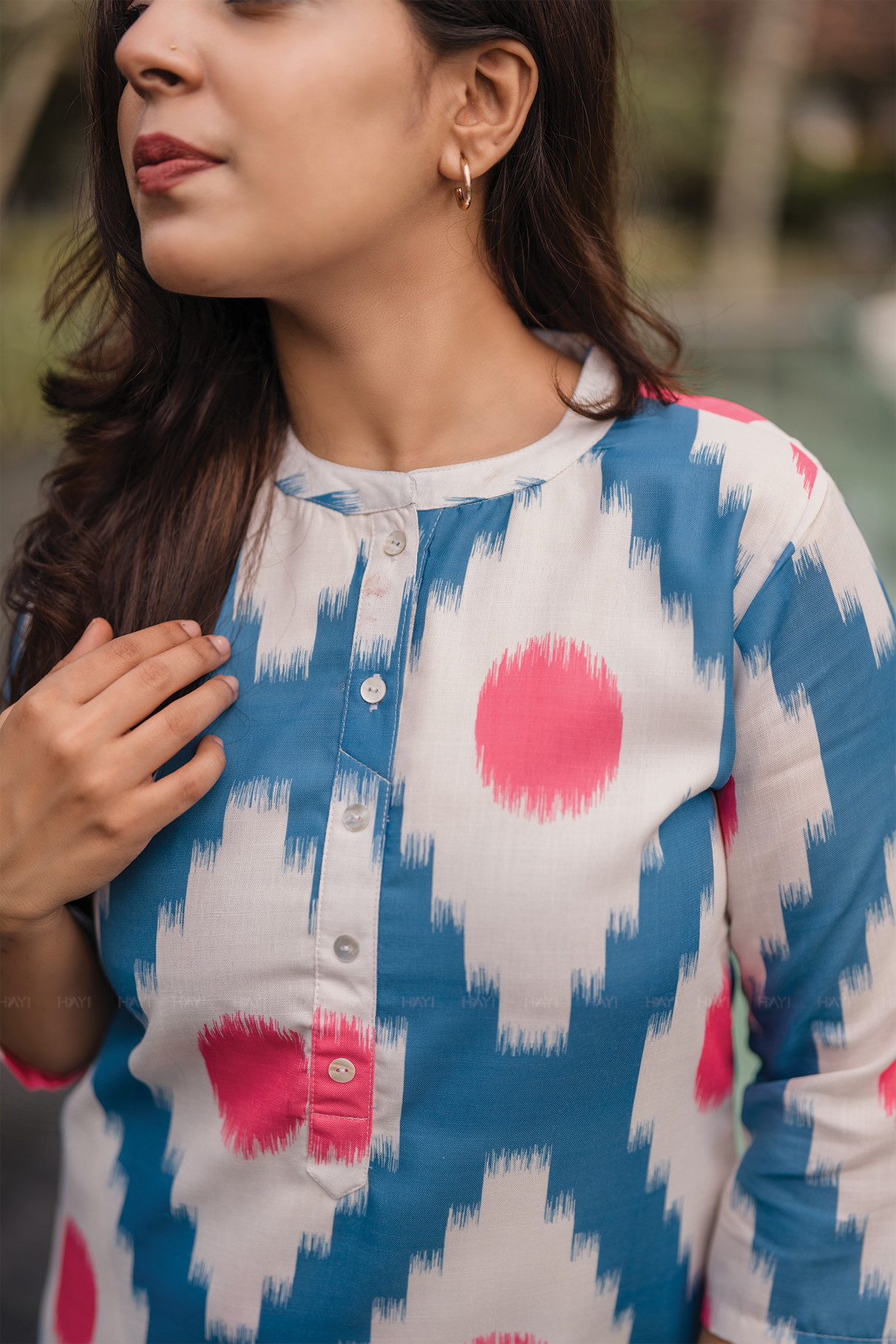 Ikat Dreams Half-White Linen Blend Co-ord with Chinese Collar & Ikat Print