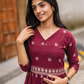 Rosebud Pink Handloom Dress with Straight V-Neck & 3/4 Sleeves