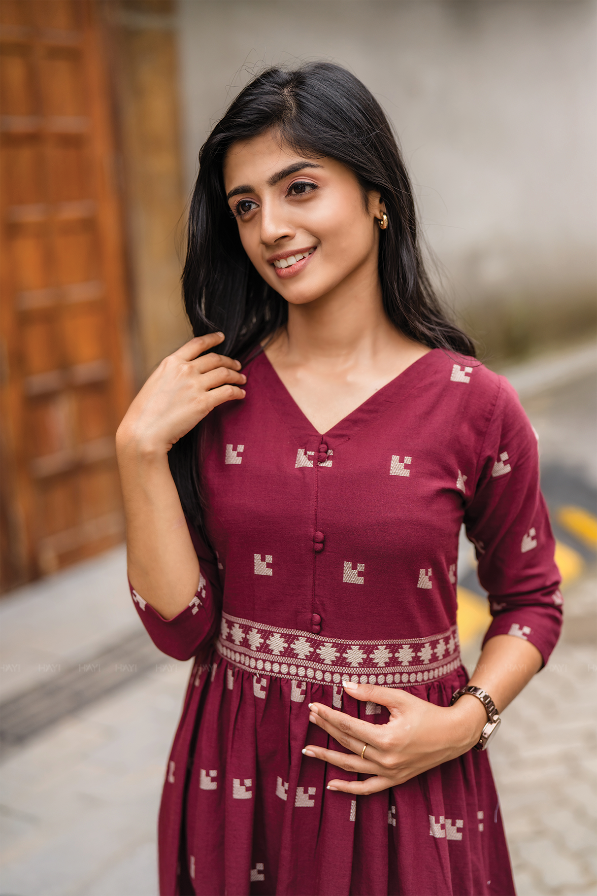 Rosebud Pink Handloom Dress with Straight V-Neck & 3/4 Sleeves