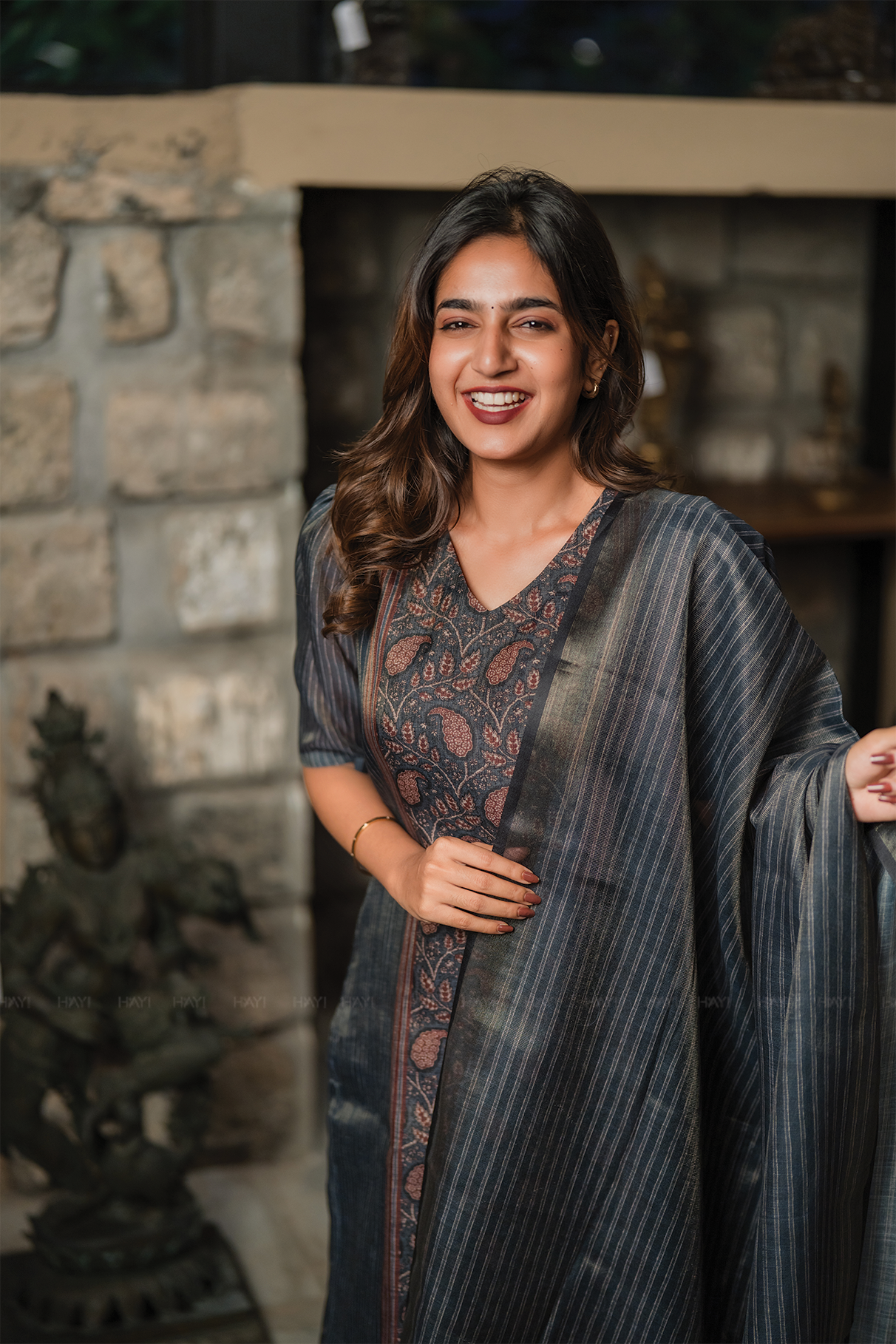 Elysia Navy printed 2 Piece Linen Shimmer Kurta with Dupatta