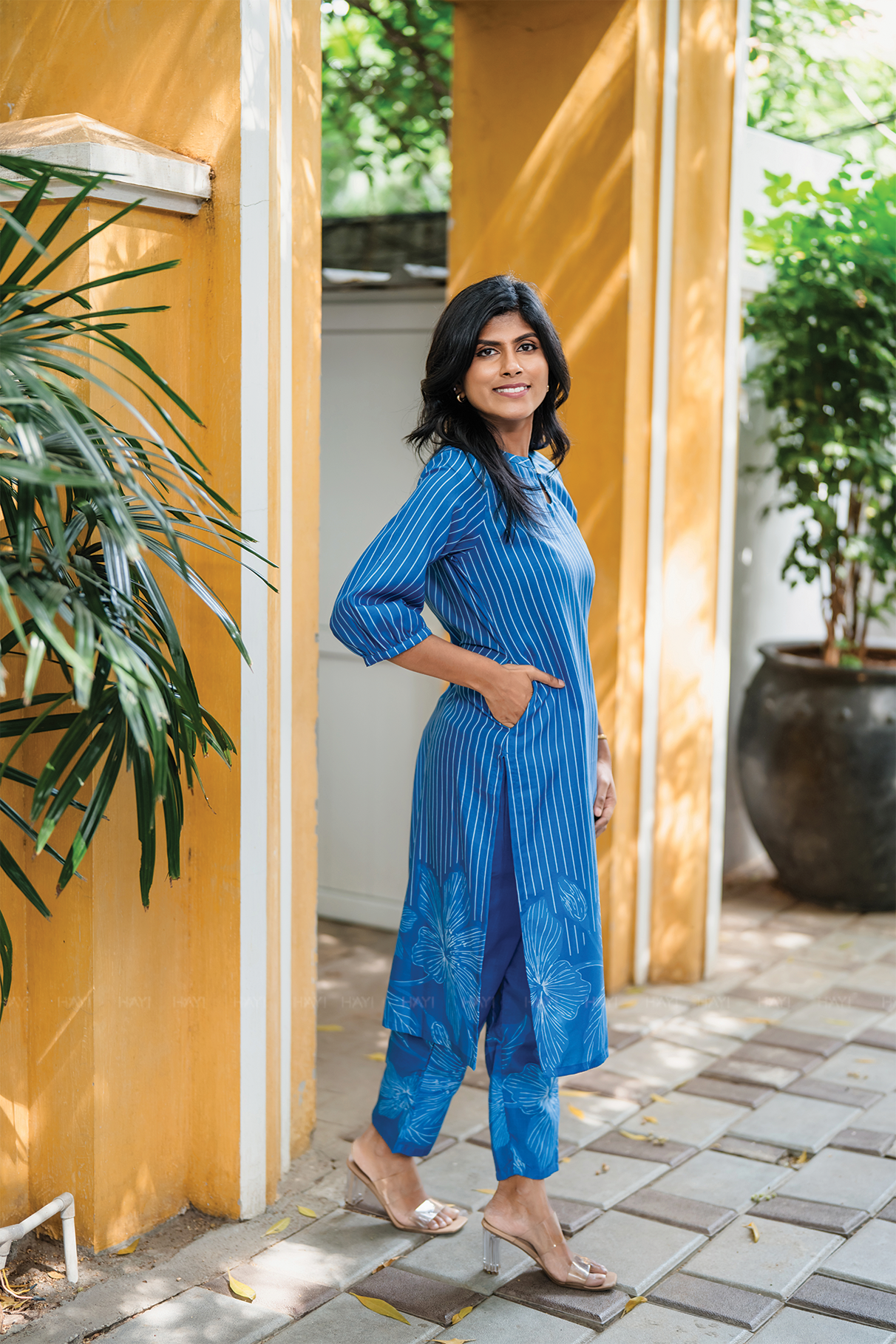 Sapphire Grace Blue Linen Blend Co-ord with Chinese Collar with Keyhole