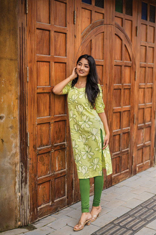 Green Blossom Chic with floral printed Viscose Kurta