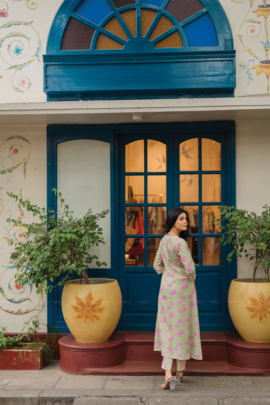 Rinth Green with Whimsical Bloom printed Linen Blend Co-ords