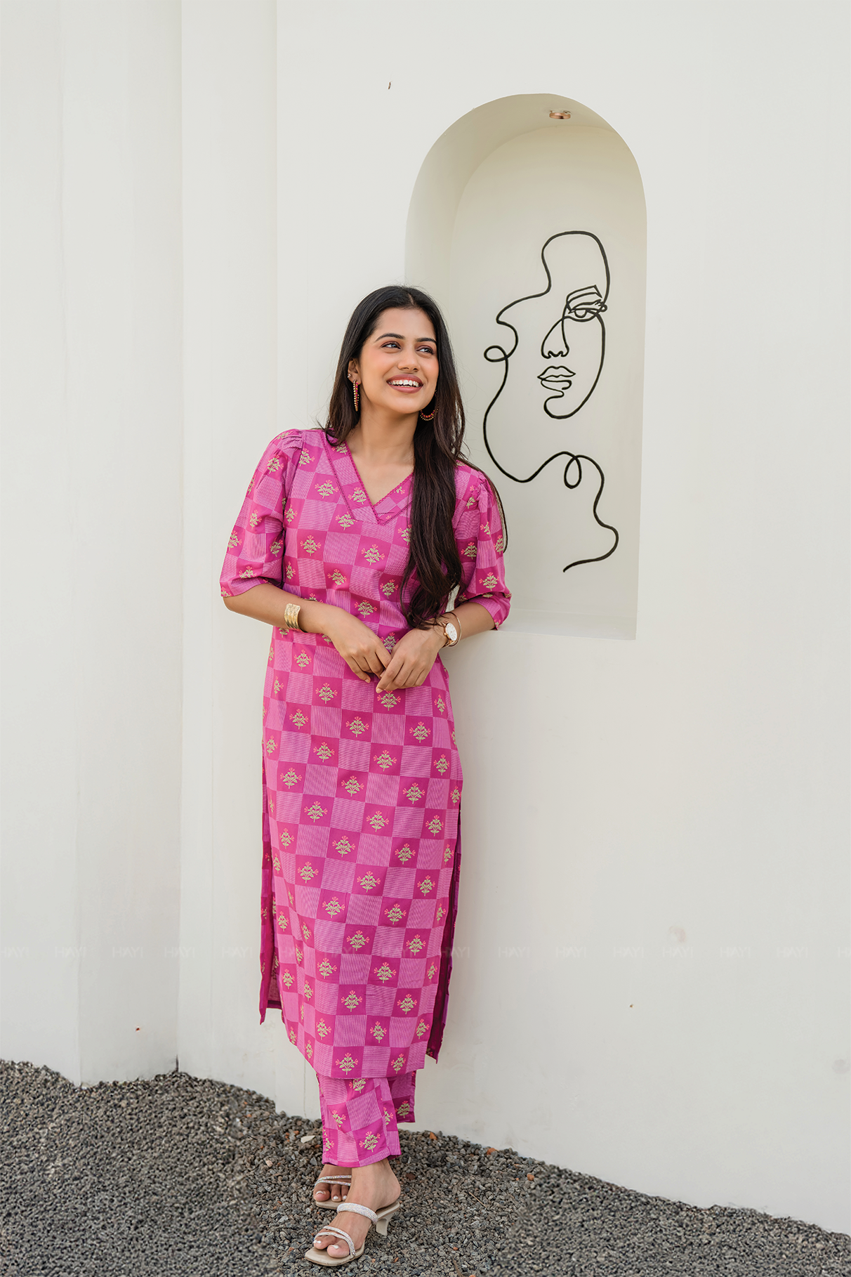 Pink Lattice Glam Viscose Co-ord with V-Neck & Lace