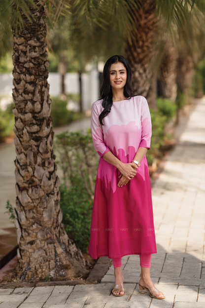 Blush Cascade Pink Linen Blend Dress with Boat neck & Digital Placement Print