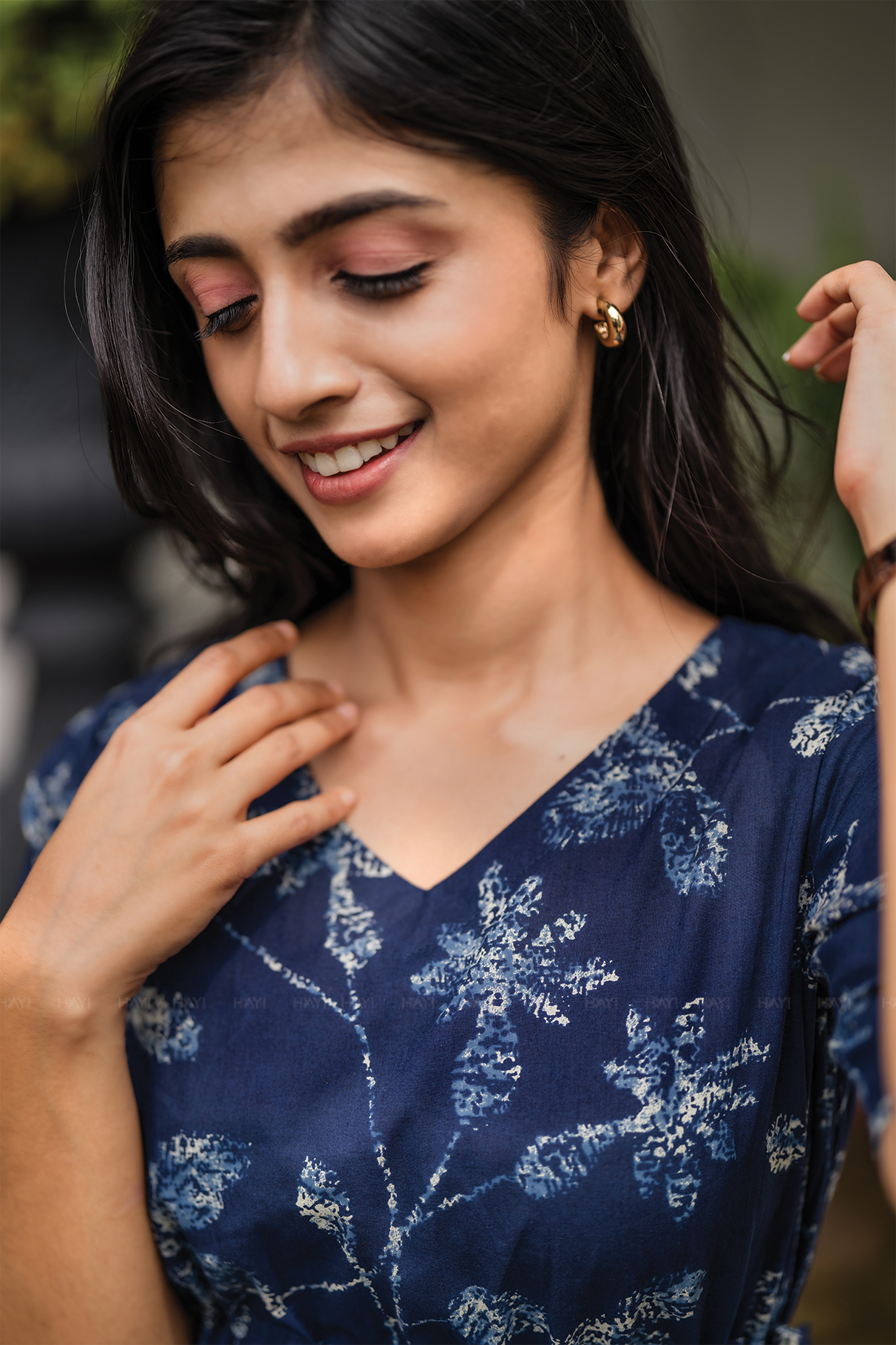 Floralia Blue Cotton Dress with V-Neck & Fabric Rope Detail