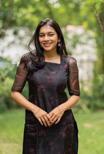 Poise Black with Floral Line Organza kurta