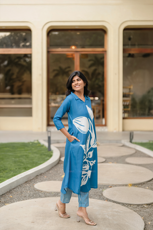 Moonbloom Stride Blue Linen Blend A-Line Co-ord with Shirt Collar & Placement Print