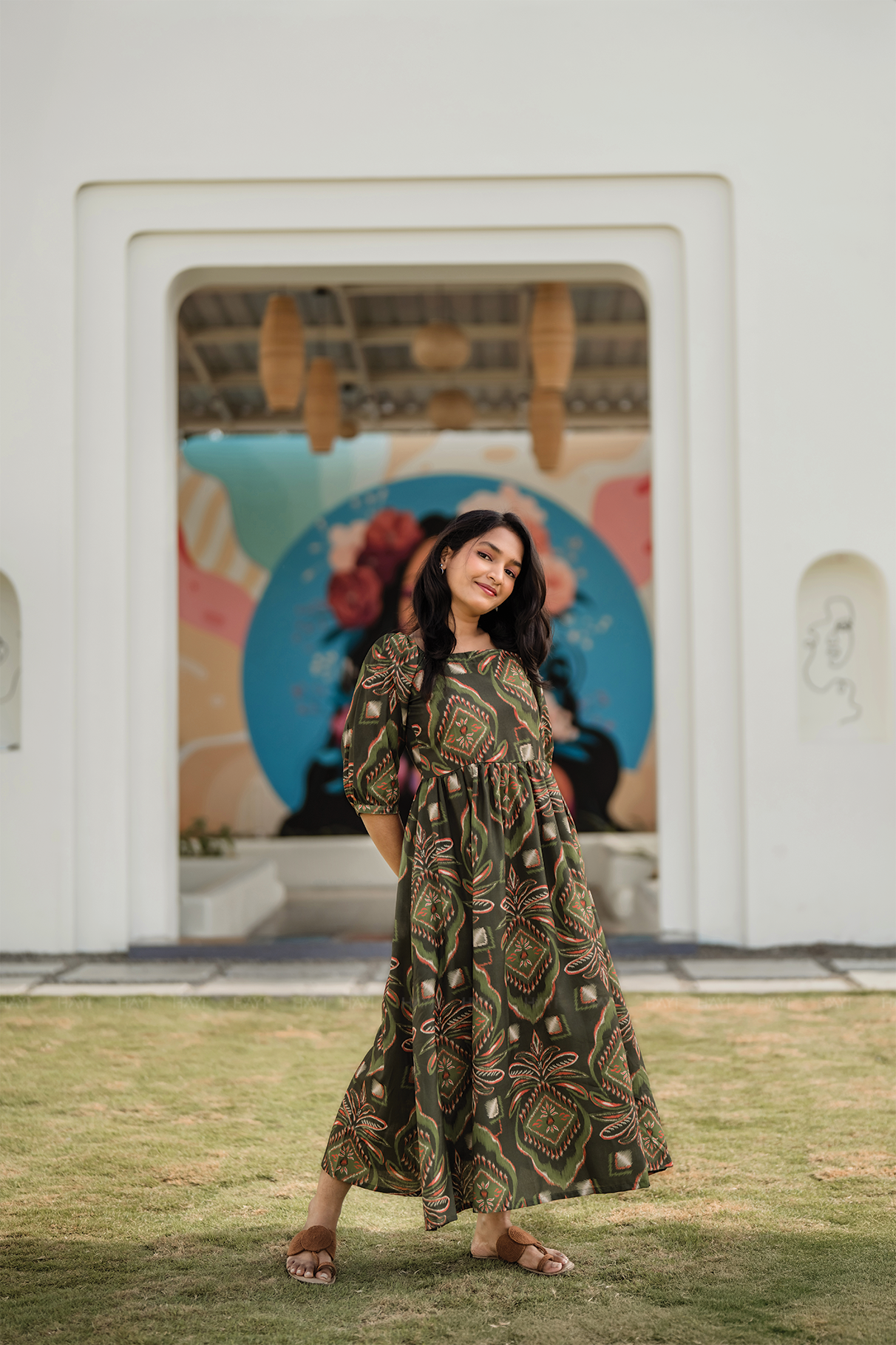 Burnished Green with Forest Desire floral printed Linen Blend Dress