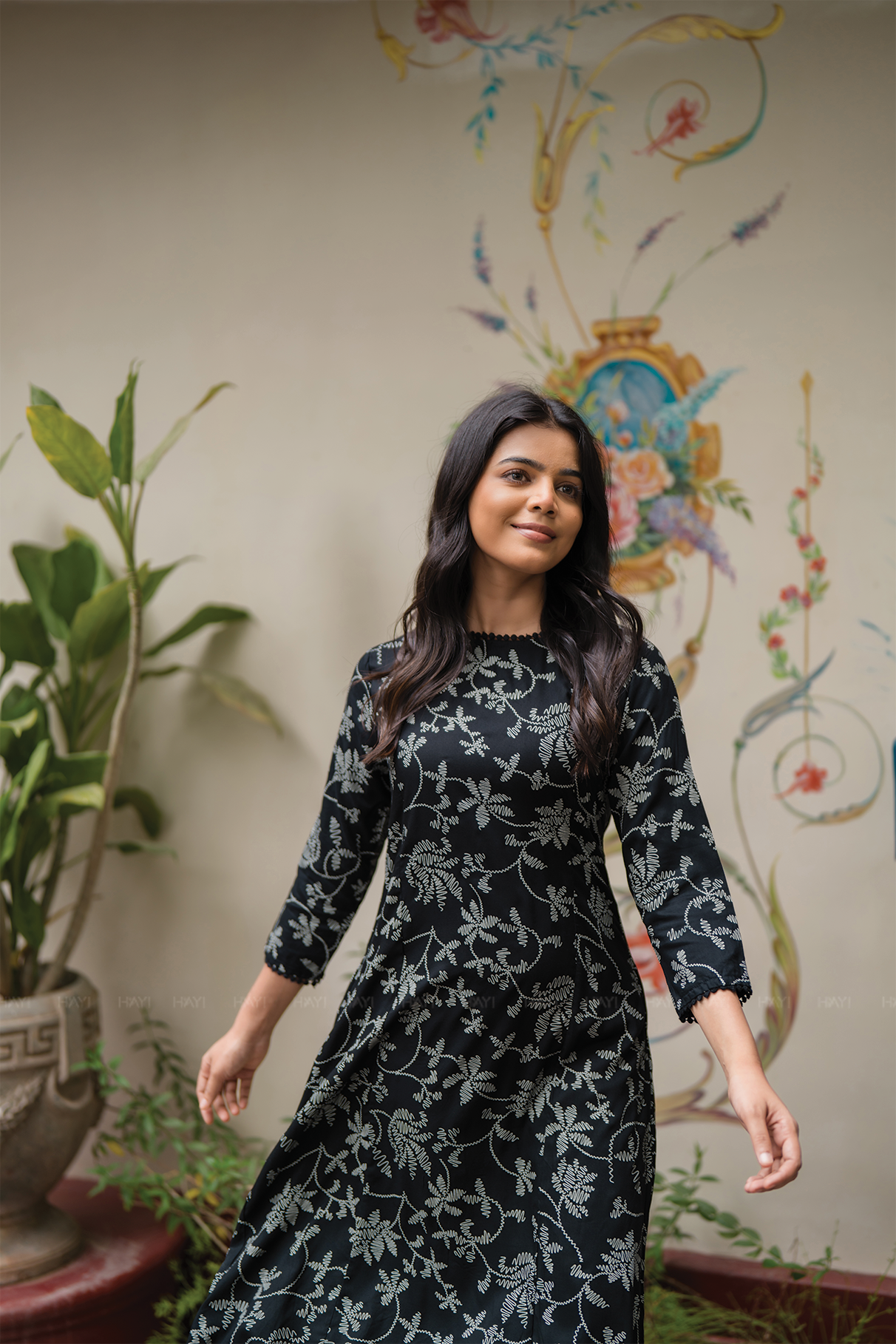 Pristine Black with Noir Blossom printed Viscose Dress