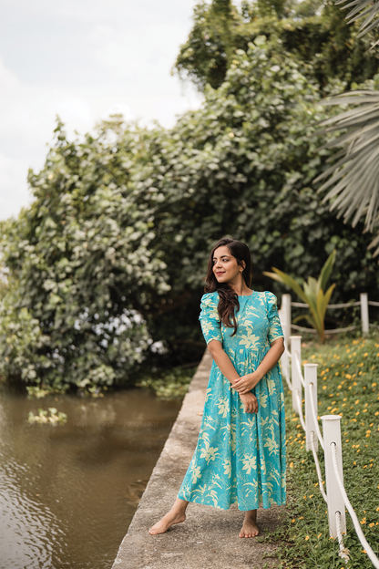 Maze Blue with Flourish Bloom floral printed Maternity and Feeding Viscose Dress