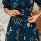 Navy Wrap Cotton Dress with V-Neckline Wraparound Style