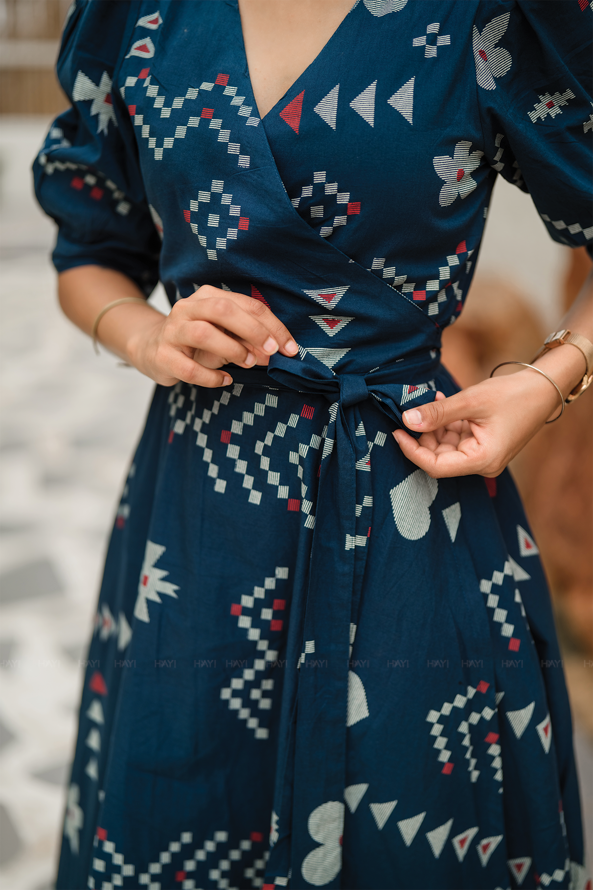 Navy Wrap Cotton Dress with V-Neckline Wraparound Style